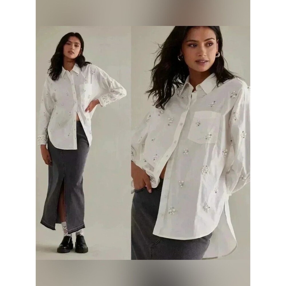 Bennet Buttondown Shirt by Maeve: Pearl-Embellished Edition Xl